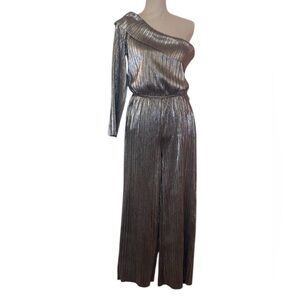 JUSTICE Metallic Pleated One Shoulder Jumpsuit in Silver-Gunmetal Size Medium*